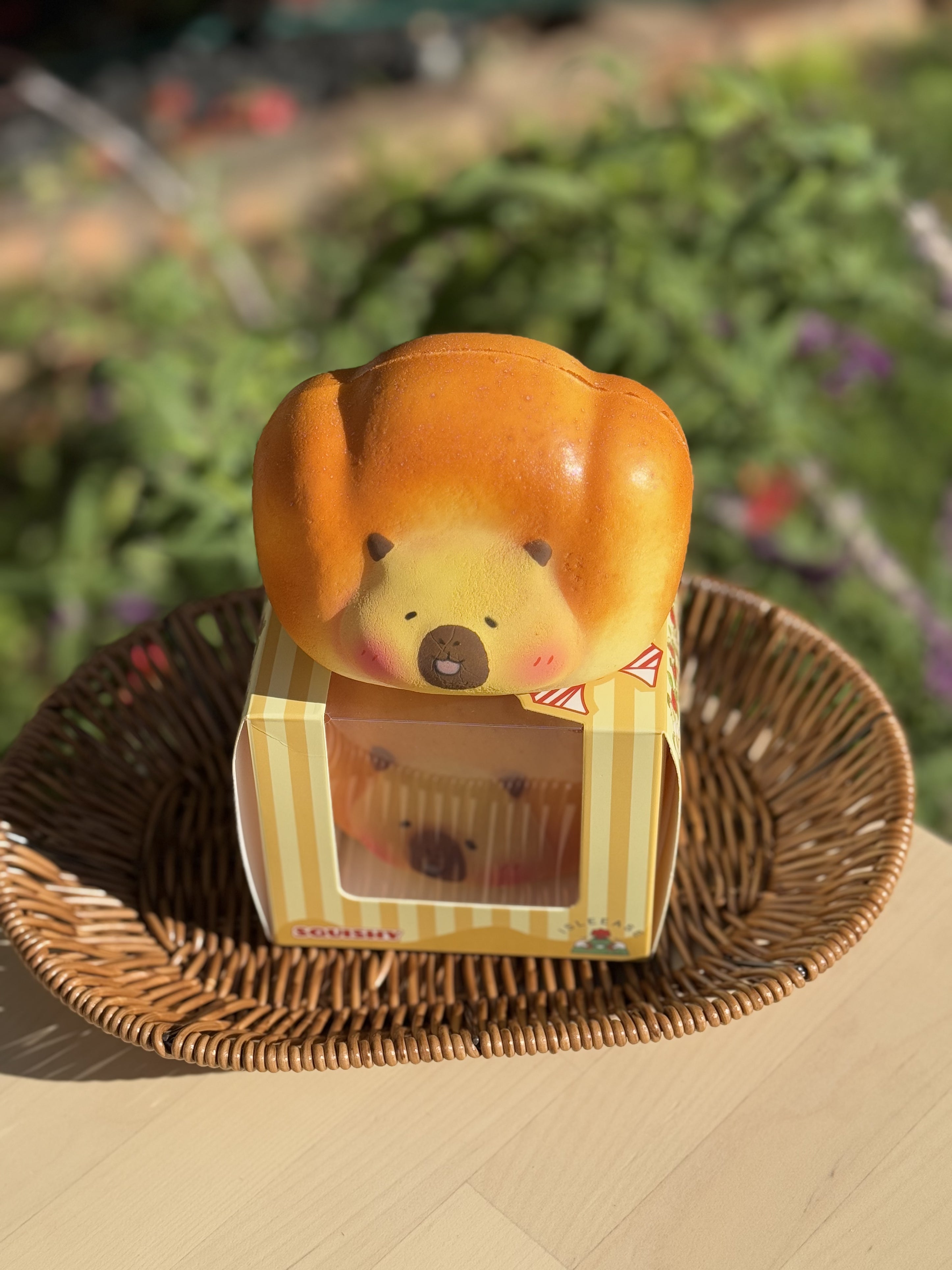 A kawaii capybara madeleine squishy toy with a cute face and soft texture, perfect for stress relief, gifts, or pranks. Top-down view of cake